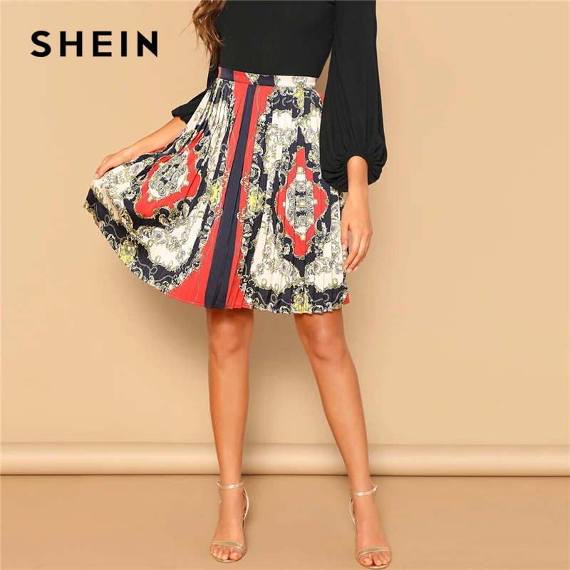 

SHEIN Vintage Scarf Print Multicolor Zip Detail Mid Waist A Line Mini Pleated Skirt Women 2019 Summer Elegant Workwear Skirts