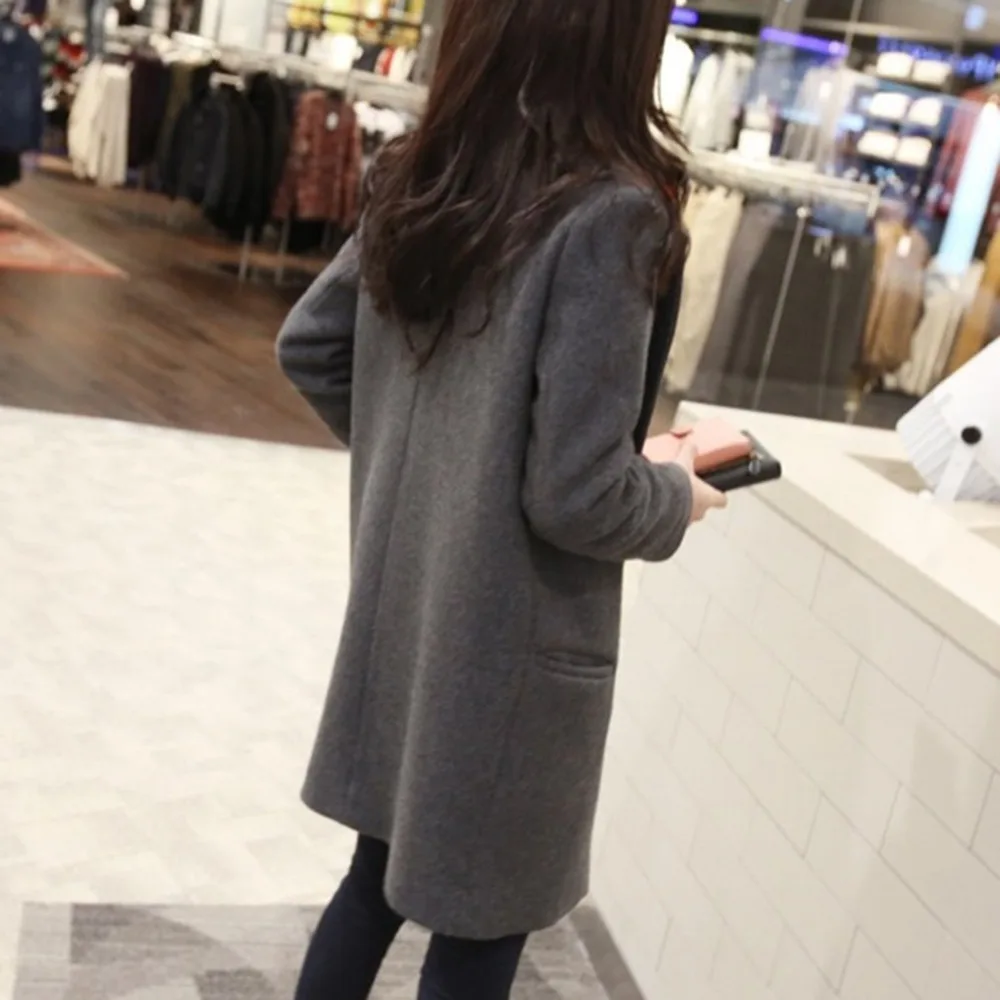 Женское шерстяное пальто средней длины с длинными рукавами, Осеннее теплое пальто с воротником, серое двубортное хлопковое пальто