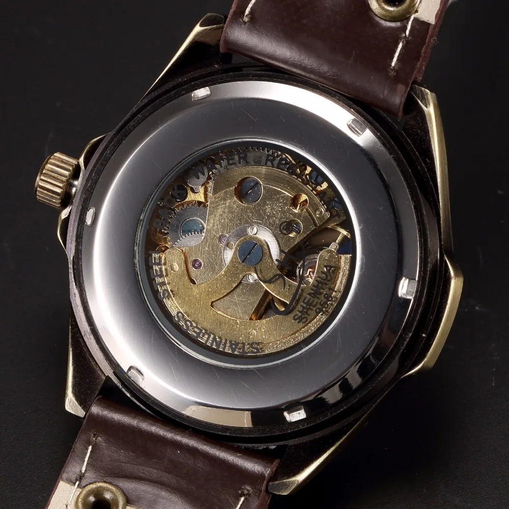 Механические часы для мужчин SHENHUA Ретро бронзовые спортивные Роскошные Топ брендовые кожаные часы Скелет автоматические часы Relogio Masculino