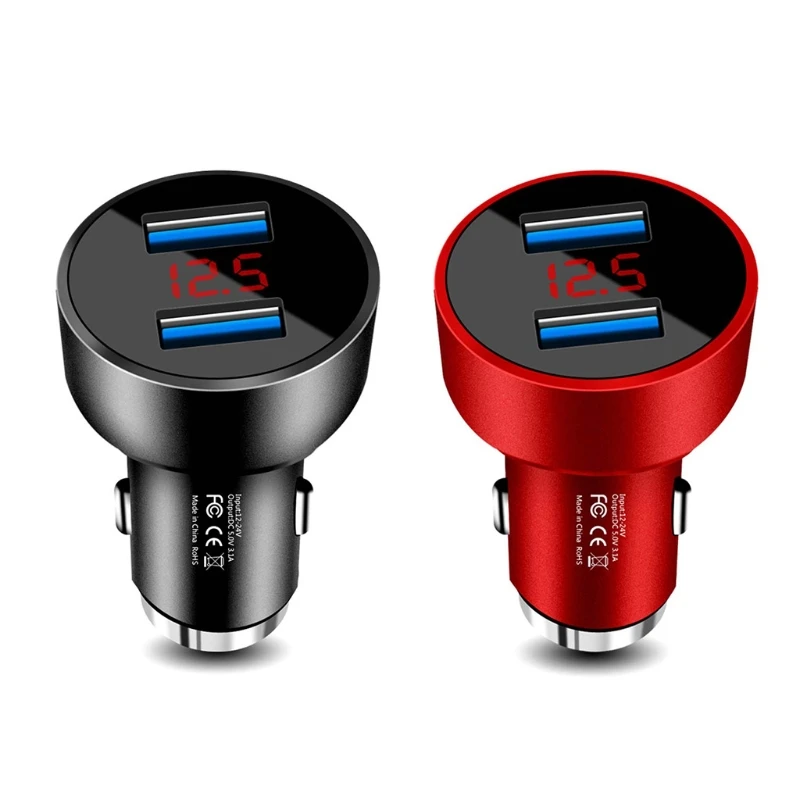 Metal Car USB Charger 5V 3.1A LED Voltmeter Safety Hammer for iPhone