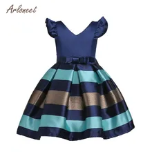 Arloneet Детская Одежда для маленьких девочек с бантом подружки невесты пышное платье принцессы с длинными рукавами в полоску s3feb7