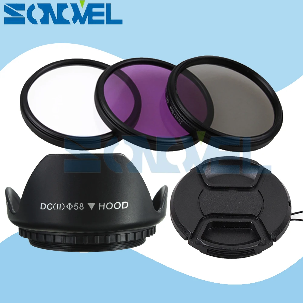 58Mm Uv Cpl Fld Lens Filter Kit + Lens Cap + Fiore Paraluce Per Canon 1300D 800D 760D 750D 650D 100D 80D 77D 70D 60D Con 18-55Mm