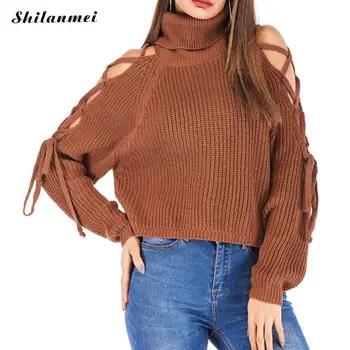 

hollow camel turtleneck knitted sweater female side bandage pullover women jumper casual streetwear autumn winter solid sweater