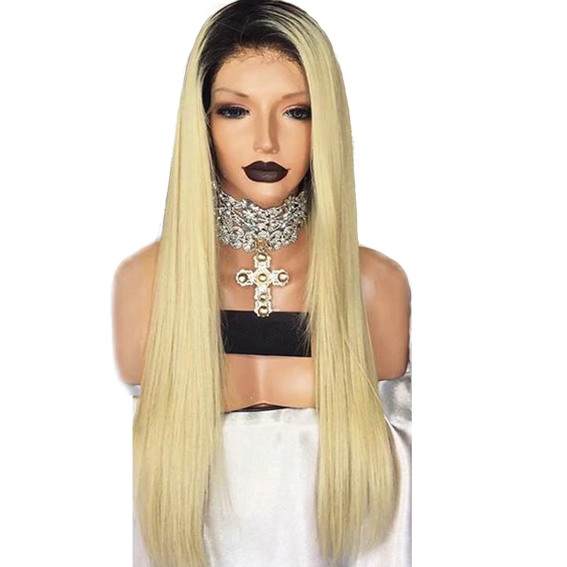 

EEWIGS Straight High Temperature Fiber Hair 1b/613 Synthetic Lace Front Wig With Natural Hairline Ombre Blonde Wigs For Women