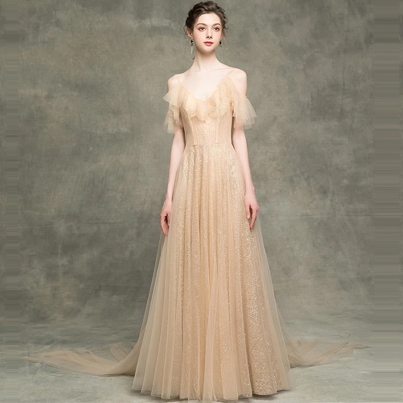 

Evening Dress Champagne V-neck Women Party Dresses Sequin Robe De Soiree 2019 Plus Size Short Sleeve Elegant Formal Gowns E660