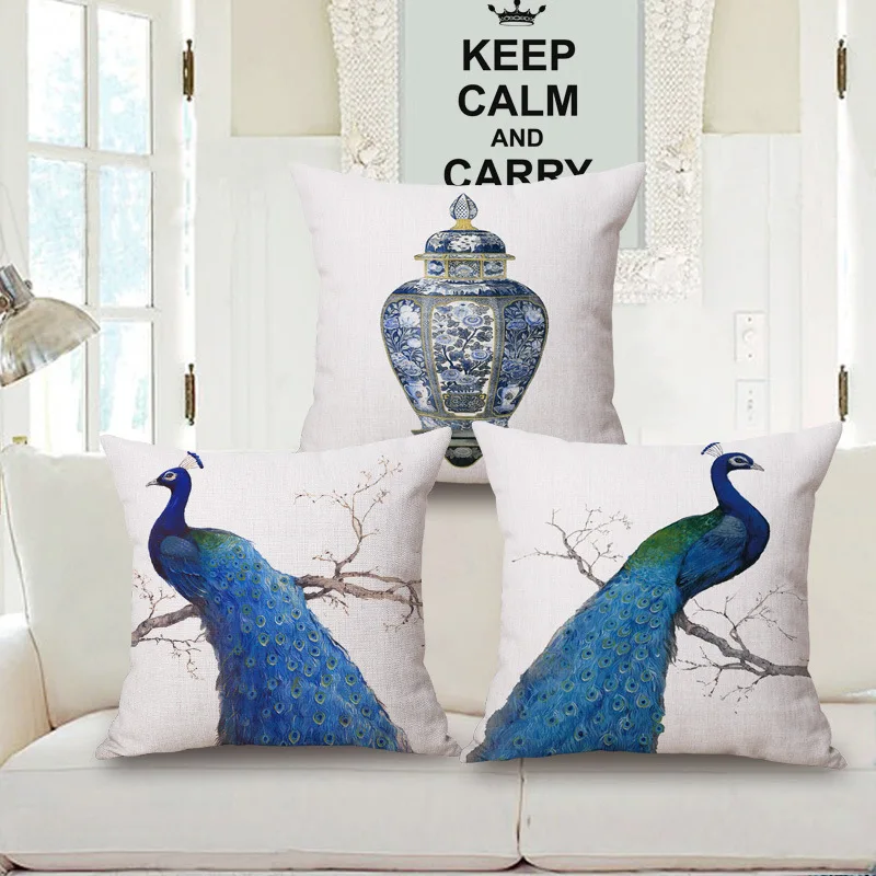 Ink painting style peacock pattern cotton pillow cover Blue Peacock