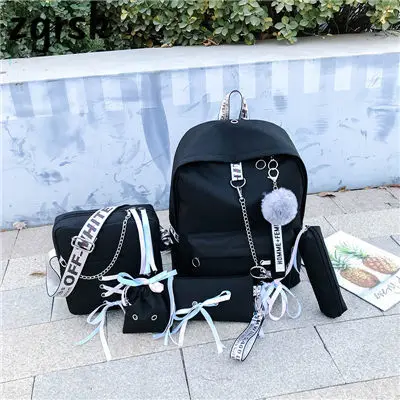 sets black Цепь USB рюкзак Для женщин Холст 5 шт./компл. Для женщин рюкзак для девочек-подростков рюкзаки сумки через плечо женские школьные сумки с кисточками - Цвет: sets black