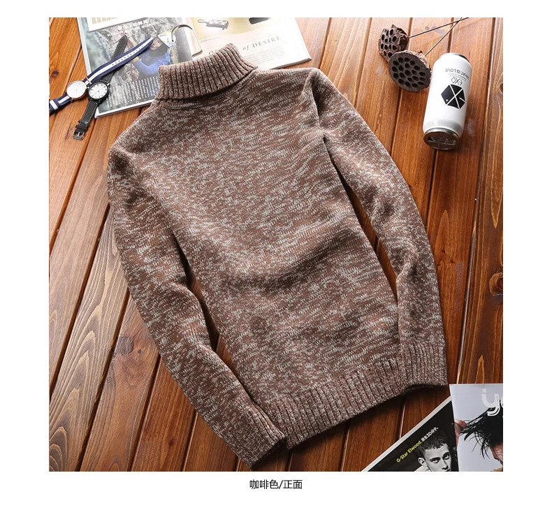 Зимняя Толстая теплая кашемировая Мужская водолазка, мужские свитера, приталенный пуловер, мужской классический шерстяной трикотаж, Pull Homme - Цвет: brown