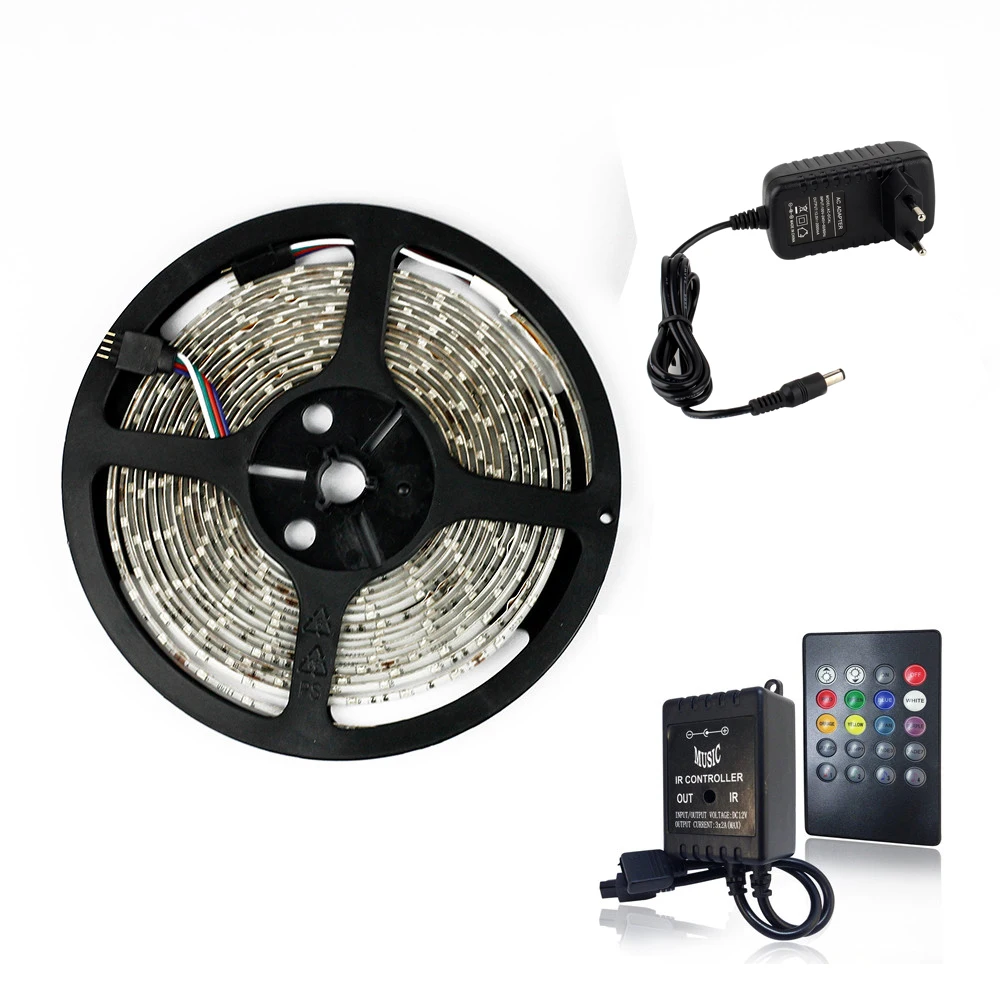 Music LED Strip Light Kit SMD 3528 5M 60LEDs/m DC 12V Waterproof Flexible RGB LED Lamp Band with 20 Keys IR Remote Controller