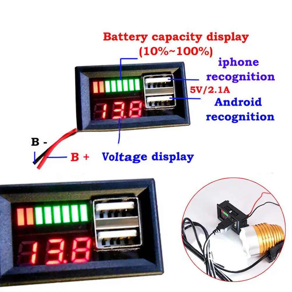 Motorcycle Electric Battery Capacity Indicator Voltage Power Display Dual USB Output Digital Voltmeter Voltage Tester Monitor