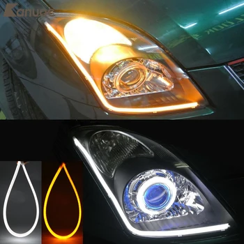 

2PCS Car LED Strip Daytime Running Light Universial Flexible Soft Tube Guide Ultrafine Waterproof DRL 60cm White Yellow-Amber