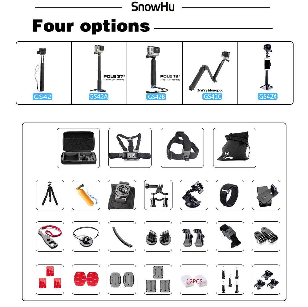 SnowHu, новинка, набор аксессуаров для Gopro hero, монопод для Go pro hero 8, 7, 6, 5, 4, для EKEN, H9, для xiaomi, для Yi, 4 K, Lite, EVA, чехол GS42