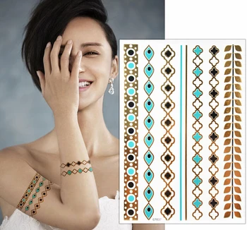 

4sheets large 21x15cm fake arm chain Gold and Blue Metallic tattoo Temporary Flash Tattoo Turquoise Beach Tattoo