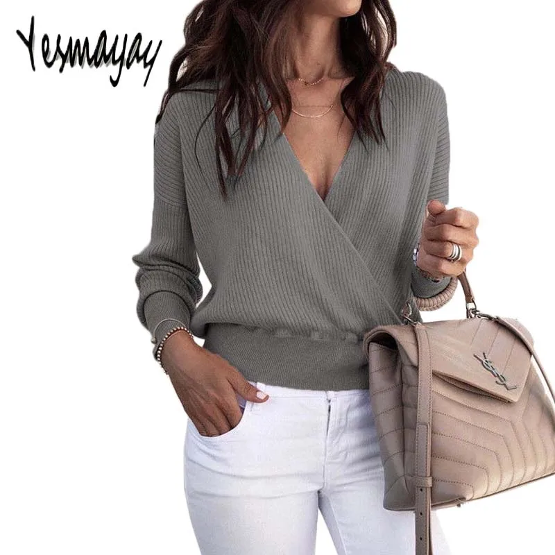 

Autumn Winter Sweater Women Pullover Knitted Cross Sexy Long Sleeve Pull Femme Hiver 2018 Solid Black Deep V Neck Sweater Women