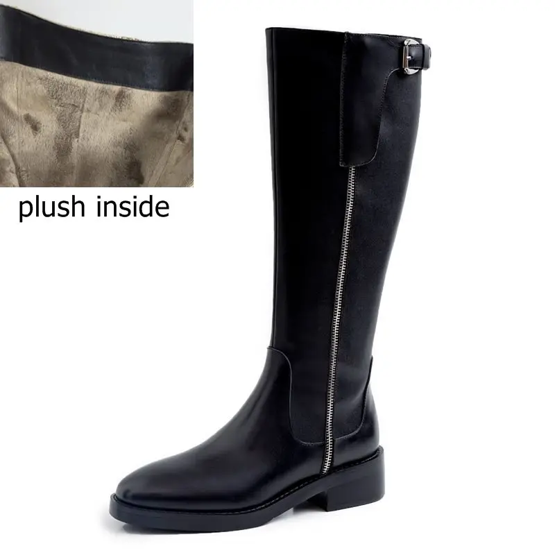 ALLBITEFO high quality genuine leather+pu women knee high boots new winter snow women boots ankle boots for women girls shoes - Цвет: plush inside