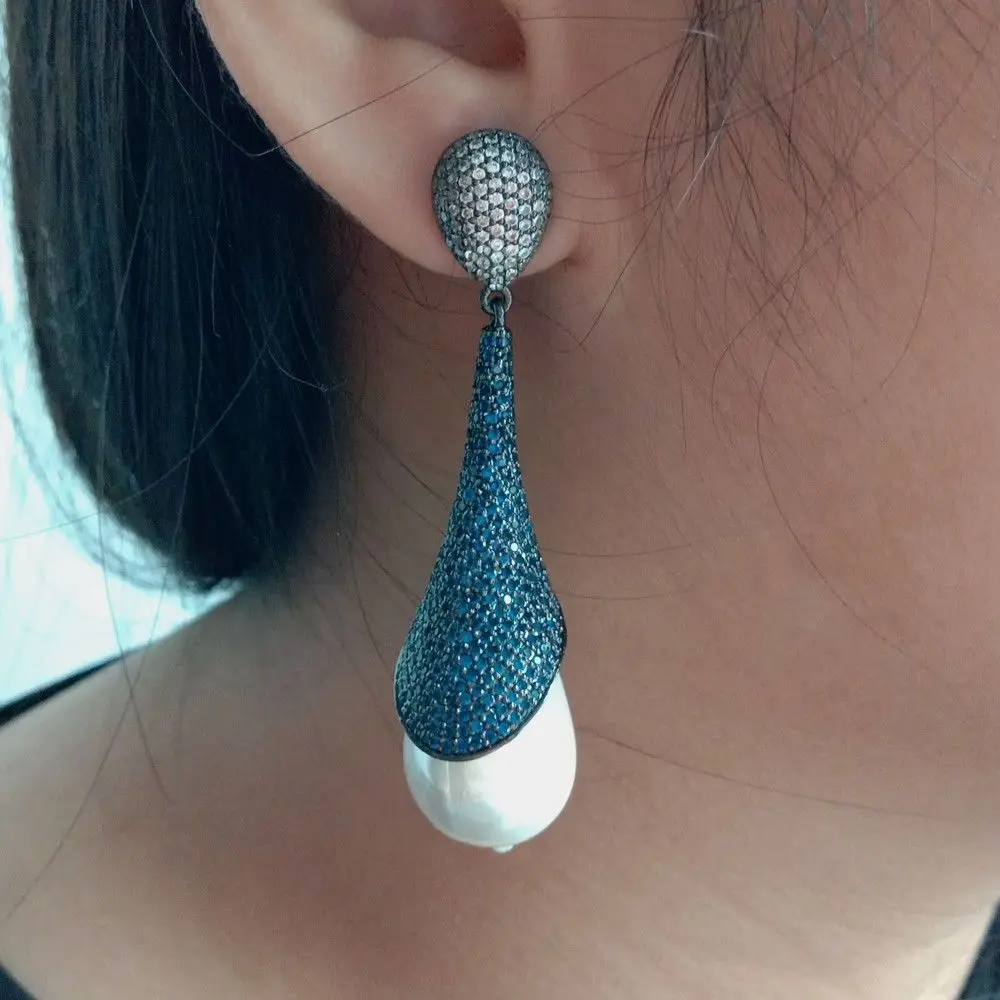 

16x25MM White Sea Shell Pearl Stone Blue CZ Pave Gunmetal Earrings