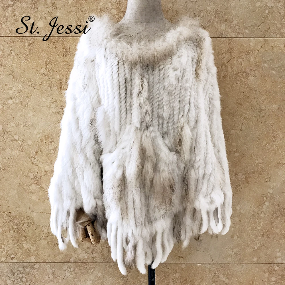 ST. Jessi/Новинка, женская вязаная накидка из натурального кроличьего меха, Воротник из меха енота, пончо, накидка с кисточ