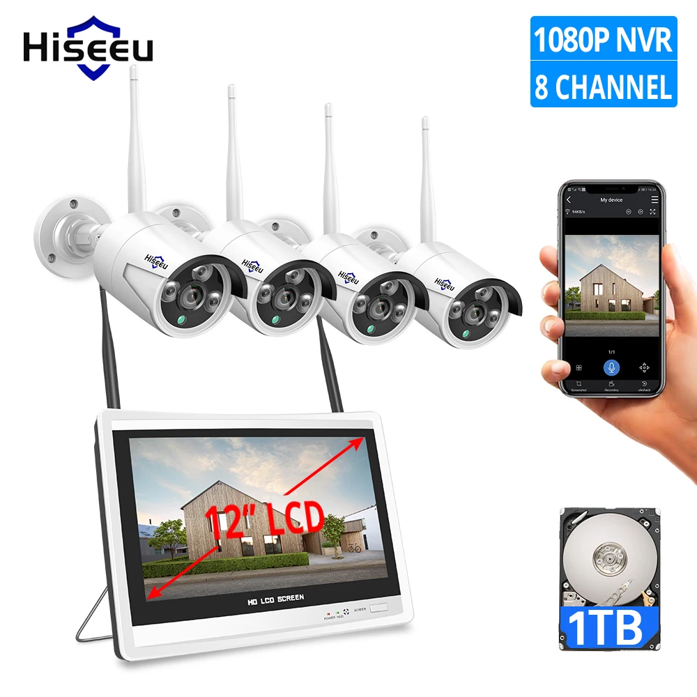  1080P 8CH Wireless CCTV Security Camera System H.265 12 Inch LCD Screen NVR WIFI Outdoor IP Camera 