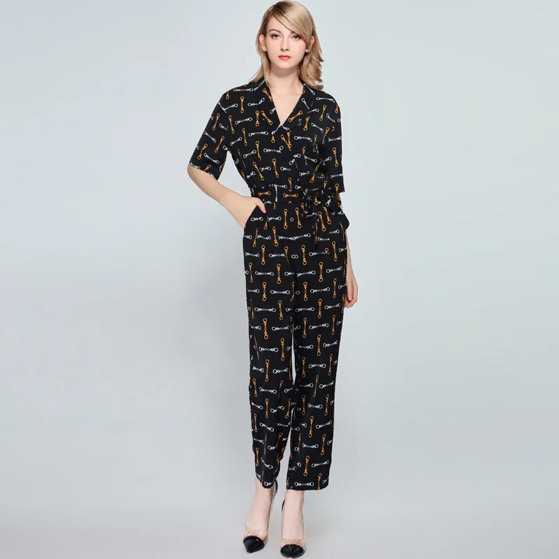 

Jumpsuits for women 2019 Spring And Summer New Loose V-neck Fashion Print Ladies Romper Short Sleeve Long Jumpsuit