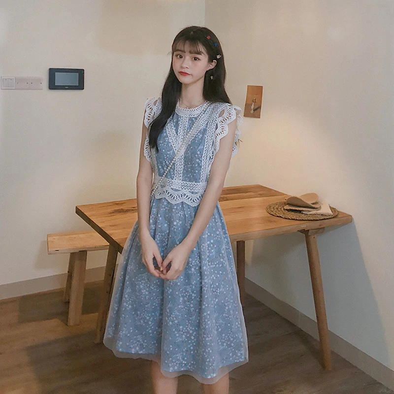 2019 new Korean sleeveless Women's Clothing dresses summer sweet style hollow out lace mesh loose A-Line dress fashion brands
