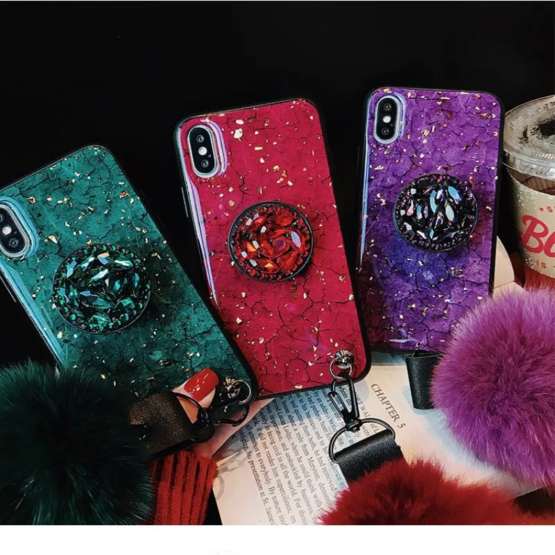 

Luxury Green Rhinestone Furball Phone Case for Iphone Xs Max Xr Sequins Marble Case for Iphone 6s 7plus 8 X Soft Tpu Cover