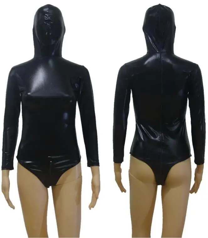 Новая распродажа пикантные Для женщин в масках боди Искусственная кожа игрушечные экзотические молния Назад рабства Фетиш дамы Zentai костюм - Цвет: Black