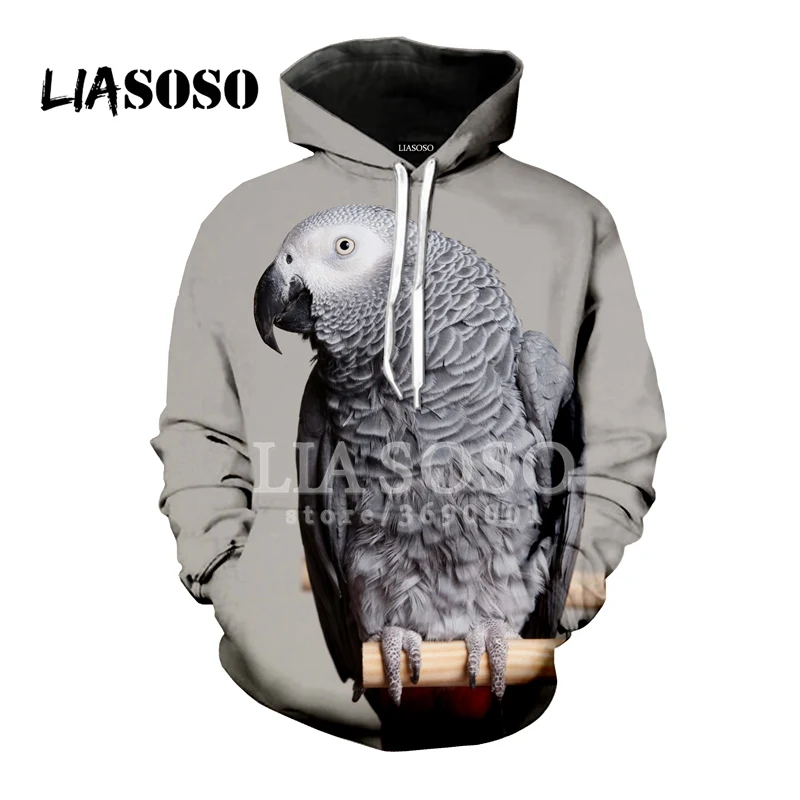 LIASOSO, толстовка с капюшоном, 3D принт, унисекс, забавный серый попугай, птицы, толстовки с капюшоном, хипстер, повседневная верхняя одежда в стиле хип-хоп, топы A732