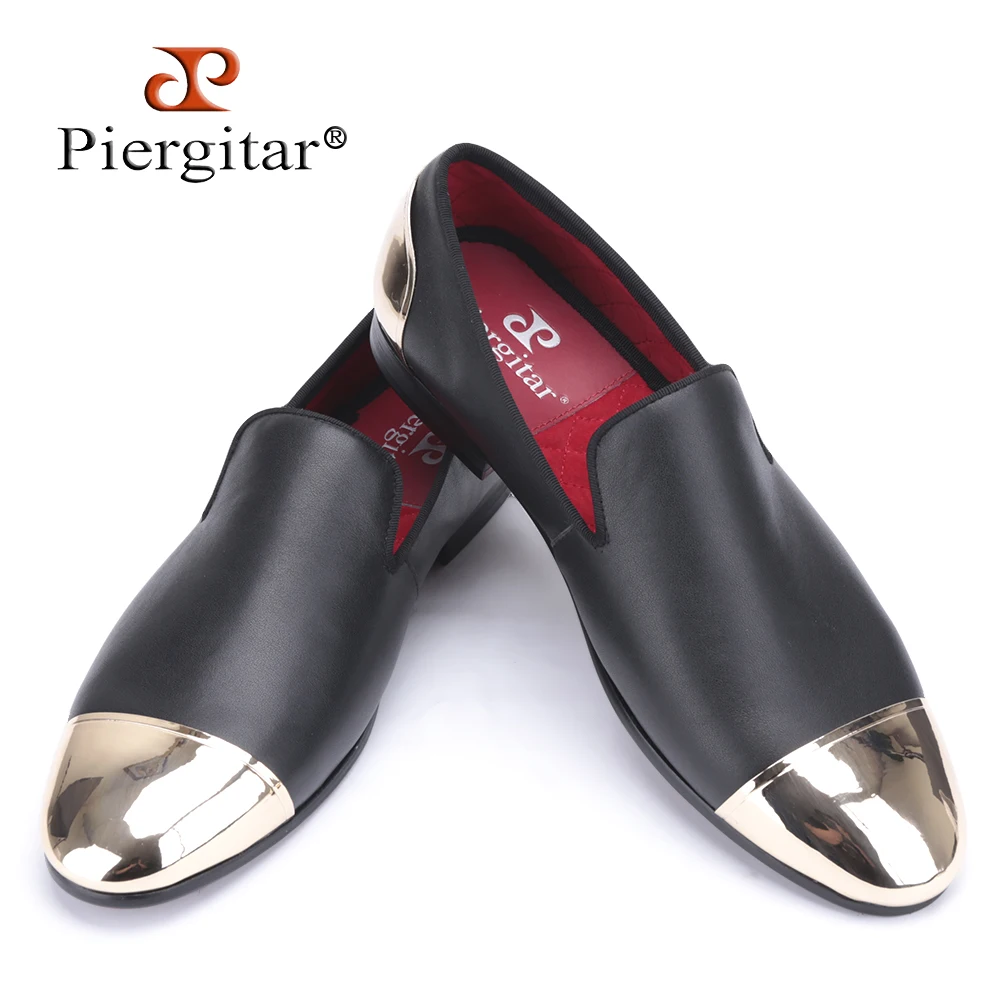 

Piergitar 2019 new style Handmade Black Genuine Leather men shoes with front and back gold metal Fashion men slip-on loafers