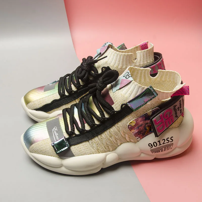

Koznoy Summer New Clunky Sneaker Women Shoes 2019 Spring Flying and Weaving Breathable Reflective Thick Bottom Leisure Shoe