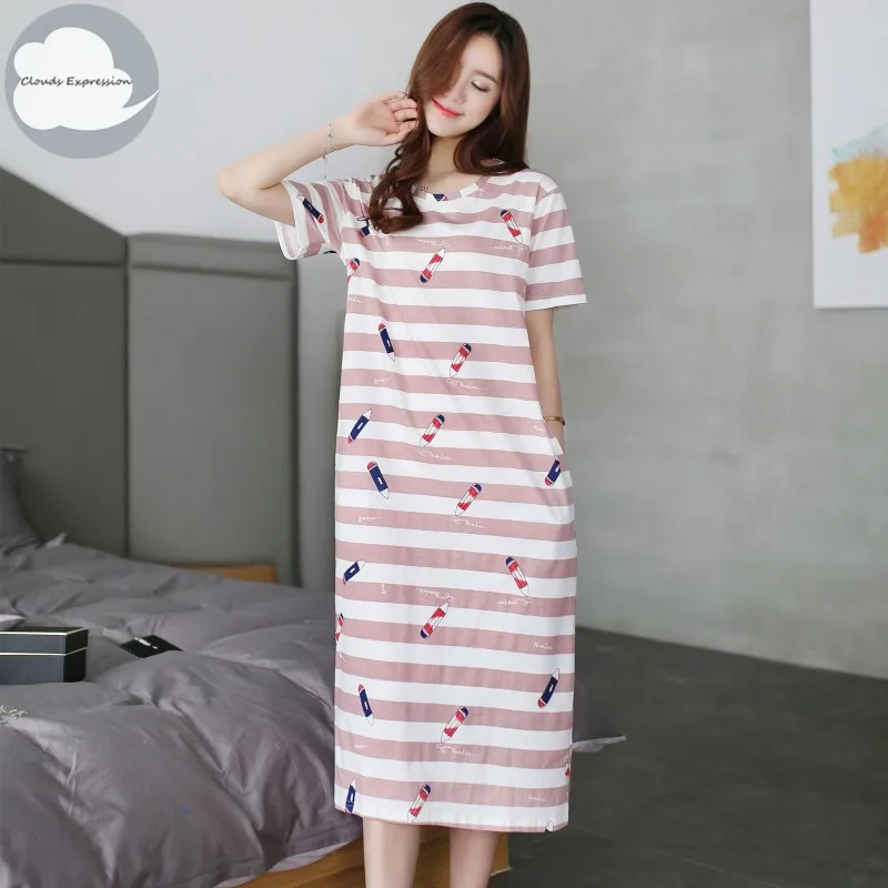

Summer Knitted Cotton Women's Nightgown Nightdress Striped Print Sleepwear Casual Nightwear Loose Nightgowns Fashion Sleepshirts