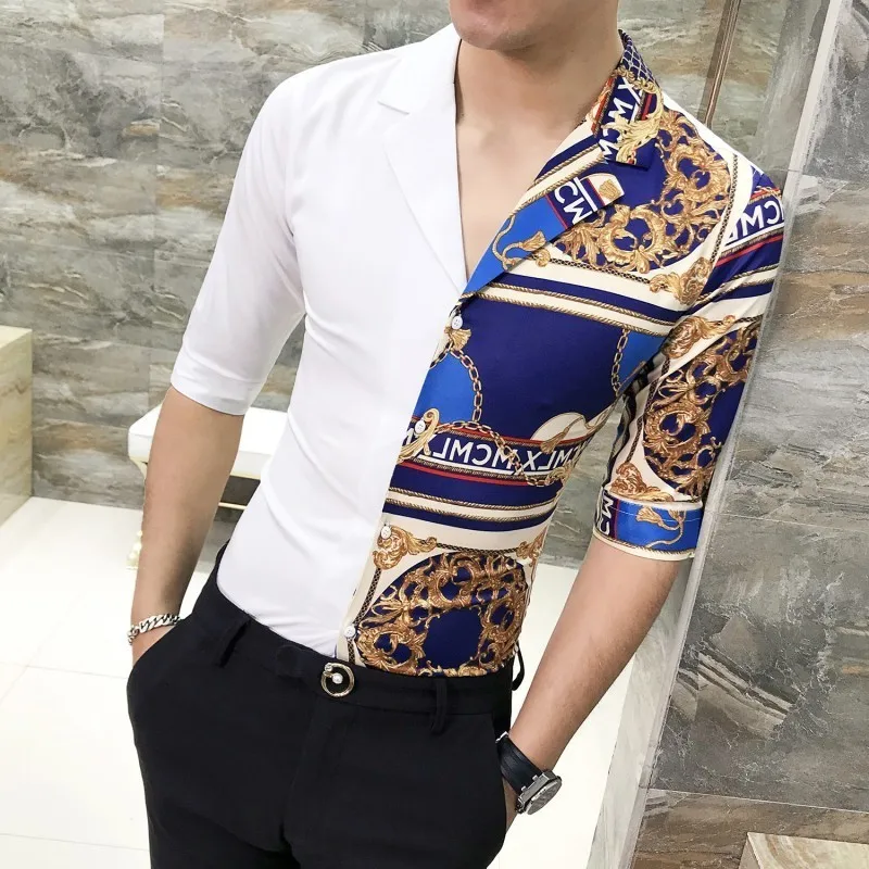 

2019 Summer Shirt Men Patchwork Fashion Printing Shirts Men Half Sleeve Slim Fit Streetwear Camisa Masculina Men Shirt 3XL