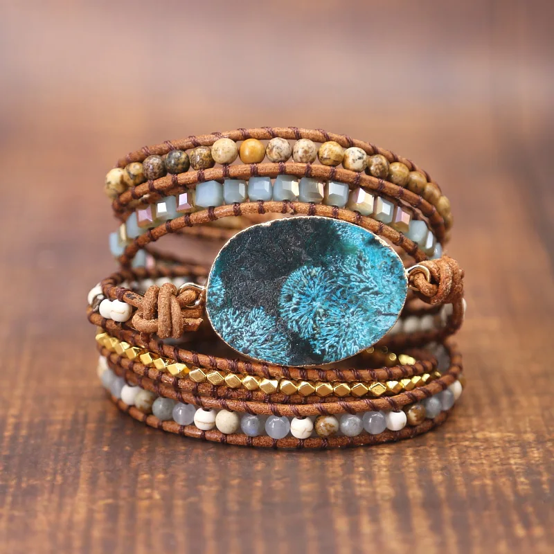

2018 NEW Women Leather Bracelet Unique Mixed Natural Stones Gilded Stone Charm 5 Strands Wrap Bracelets Handmade Boho Bracelet