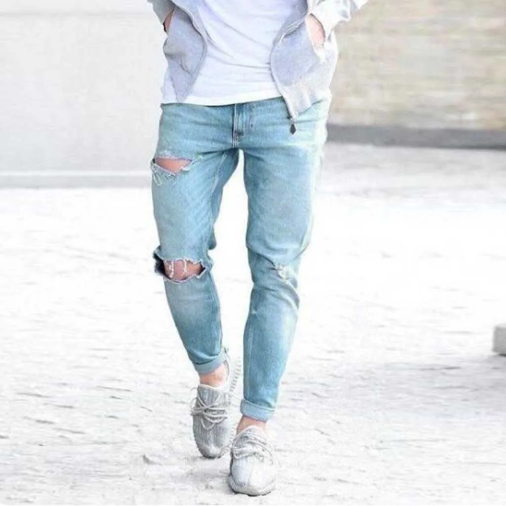 

Men Knee Ripped Skinny Jeans Men Vintage Denim Pencil Pants Casual Stretch Trousers 2019 Sexy Hole Male Zipper Jeans Pants 7.12