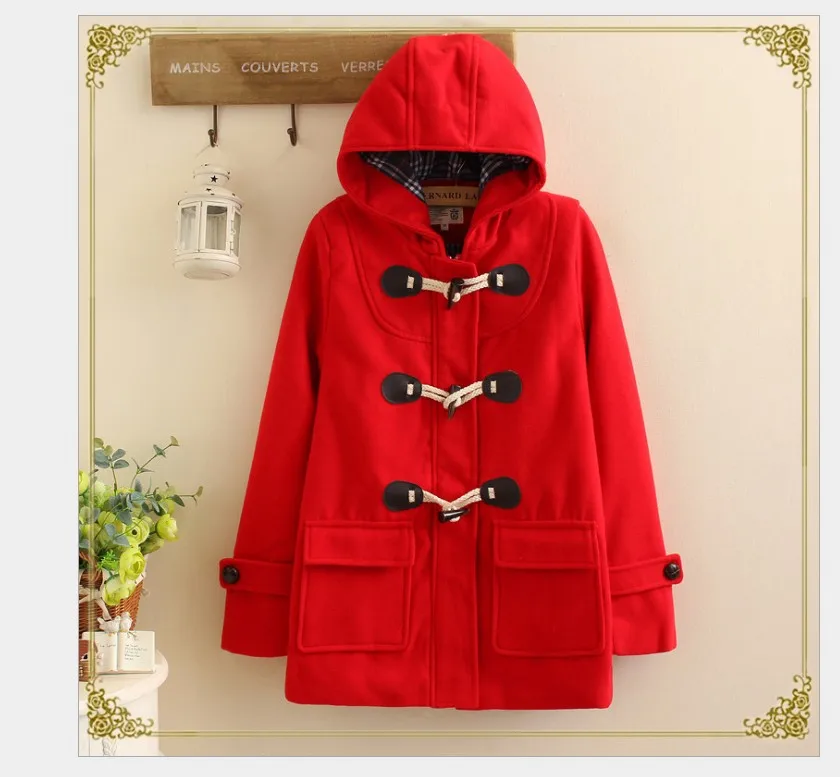 Шерстяное пальто с капюшоном и роговой пряжкой; куртка для колледжа; зимняя укороченная Одежда для беременных; толстовка с капюшоном; плотное пальто для беременных женщин - Цвет: red