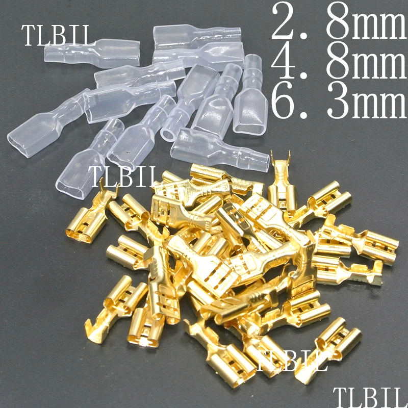 100Pcs Brass Crimp Terminal 2.8/4.8/6.3mm Female Spade Connectors with 100Pcs Insulating Sleeves