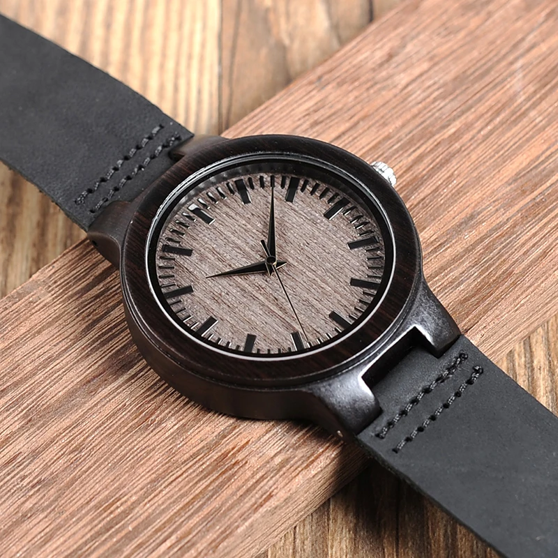 BOBO BIRD Men's Ebony Wood Watches Timepiece Genuine Leather Quartz Watch for Men Wrist Watch