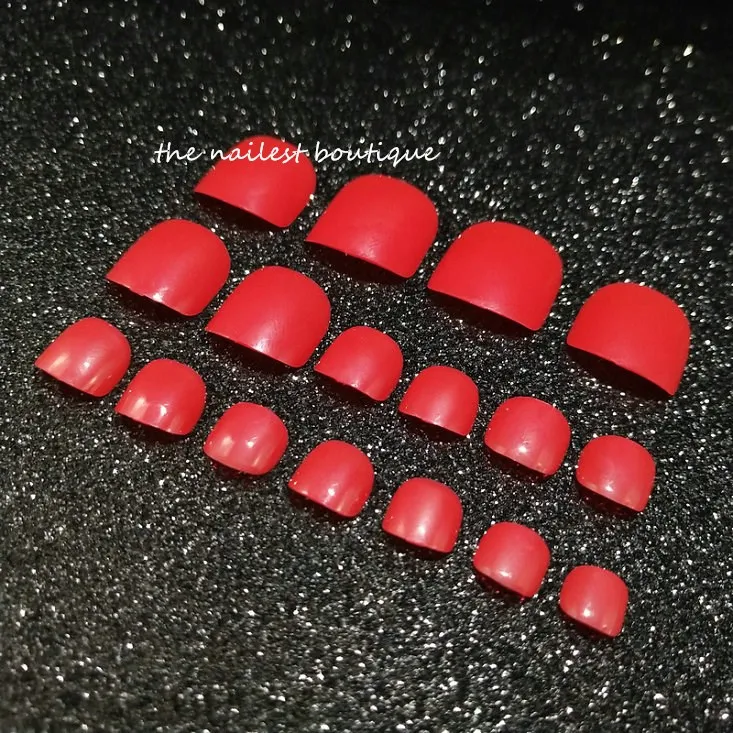 

24pcs Shiny Fresh Red Design False Toe Nails Short Acrylic Full Press On Toe Nails Tips Grace Square Kids Fake Toe Nails