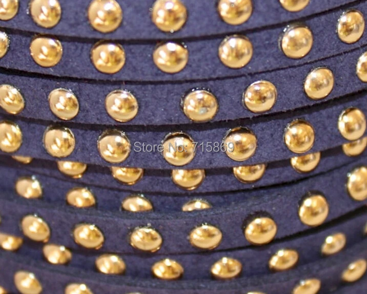 

Free Ship 100 Meters Navy Blue 5 x1.5mm w/ Gold Rivet Accents Microfiber Flat Faux Suede LeatherLace Cord For DIYJewelry