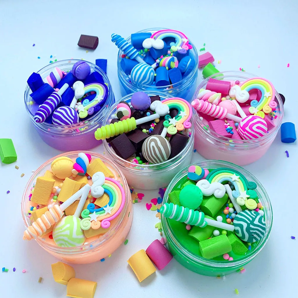 

Toys For Children Intelligence Education Rainbow Charms Clear Slime Beautiful Color Lollipop Slime Kids Relief Stress Toy W508