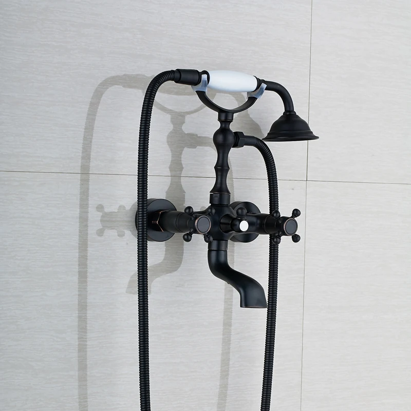 Wall Mounted Oil Rubbed Bronze Bathtub Faucet Tap Dual Handle Hot and Cold Wall Mounted Tub Mixer Faucet + Hand Shower