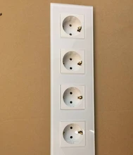 Free shipping , EU Quadruple Power Socket Schuko, White Crystal Glass Panel, 16A Fourfold EU Standard Wall Outlet KP004EU-W
