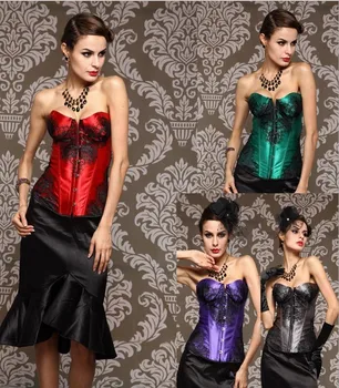 

New Sexy women Strapless Satin lace up Corset Bustier Lace Top Overbust S-XXL