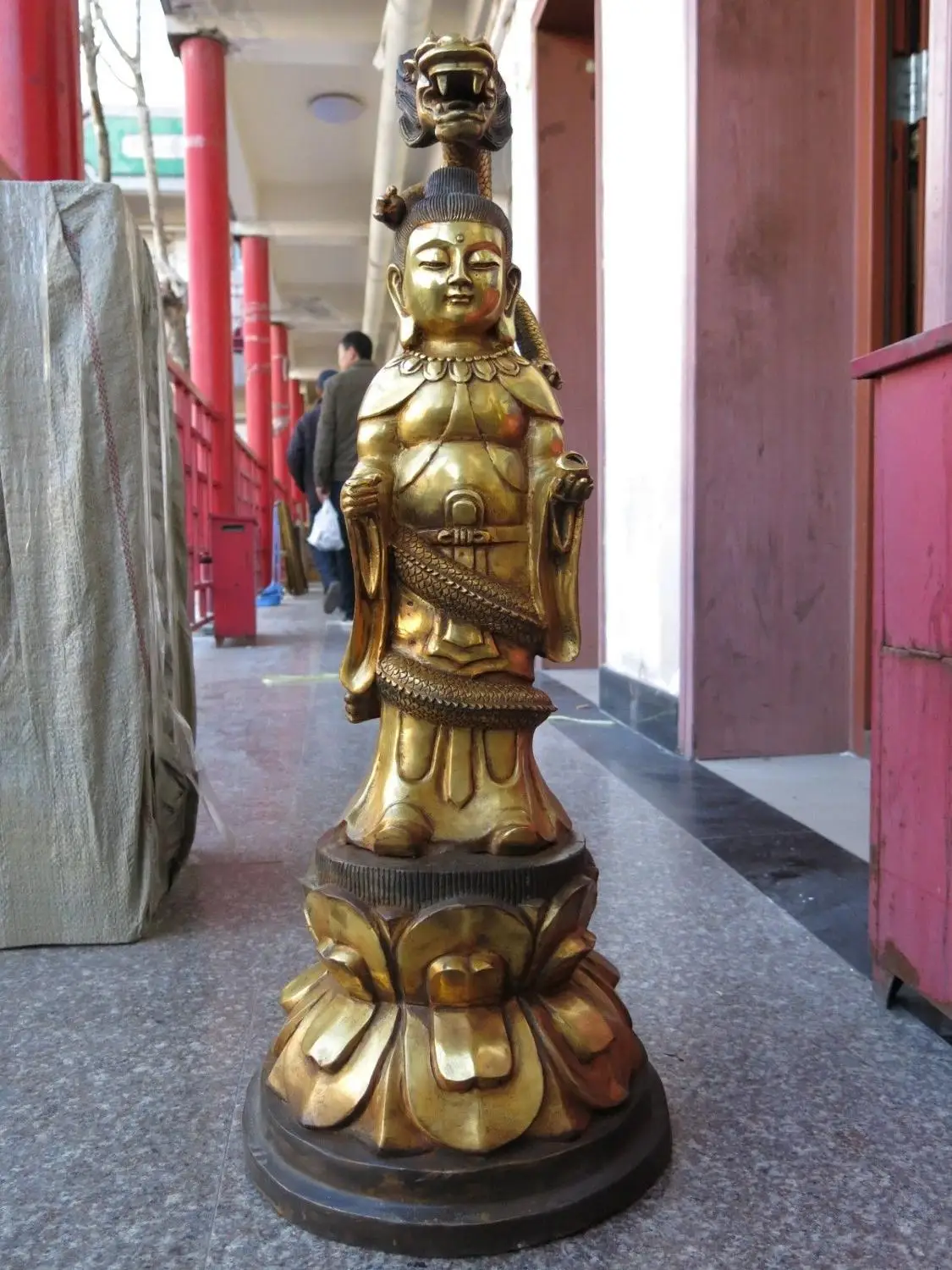 

32" Chinese bronze gild carved Buddhism dragon fortune buddha Sculpture Statue