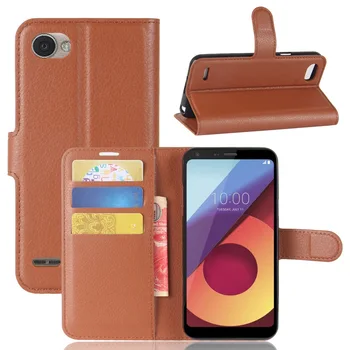 

30pcs/lot Free Shipping Lichi wallet PU Leather stand+TPU Cover Case with card slot For LG Q6