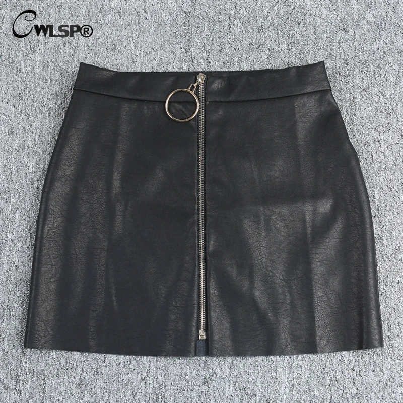 CWLSP High Waist PU Faux Leather Skirts Spring Winter Womens 2018 Popular Front Zipper Ring Mini Skirts Black Short Saia QZ1926