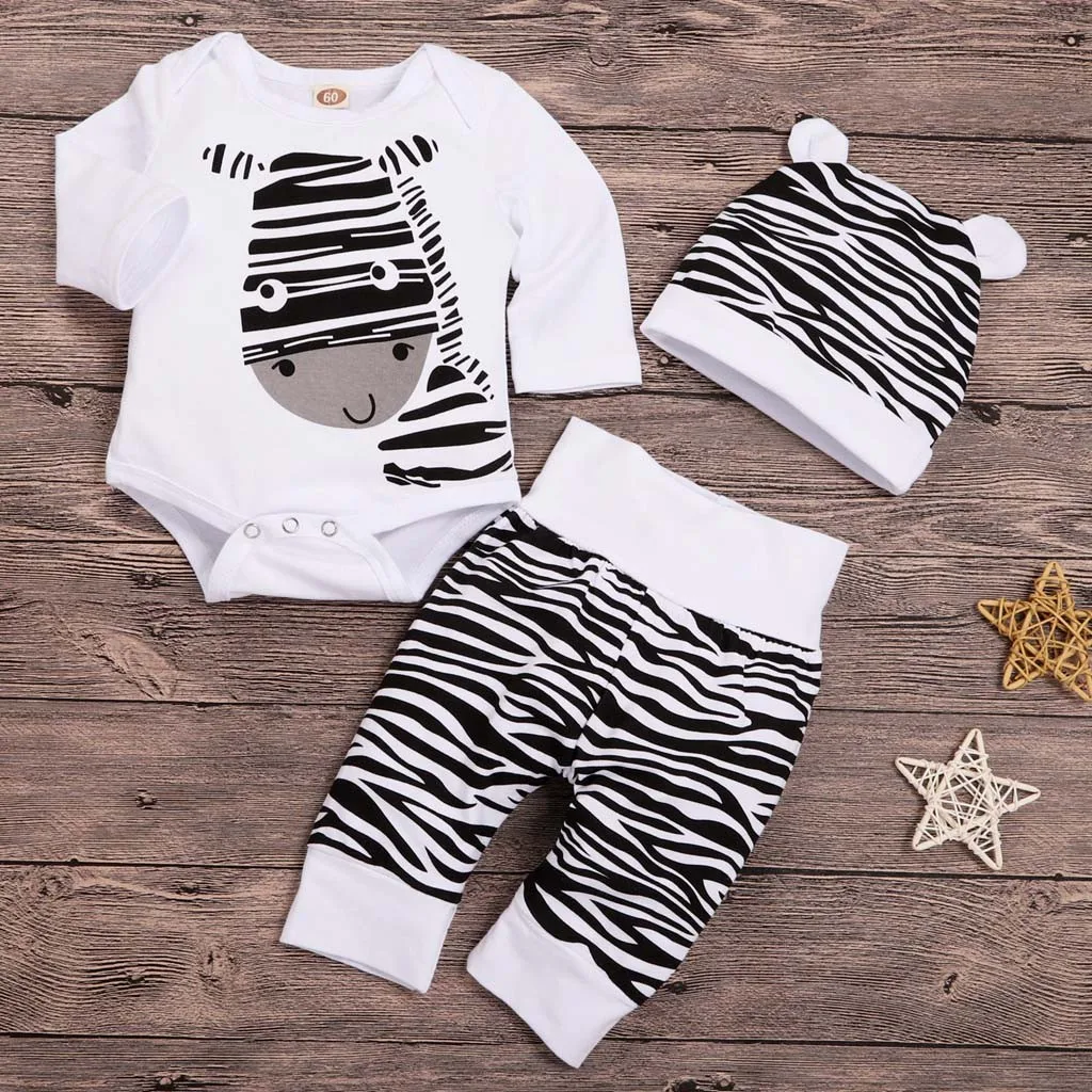 

Newborn Infant Baby Boys Girls Cartoon Zebra Print Tops Pants Hat Outfits Set Long-sleeved Cartoon 0-2Years Children's Wear