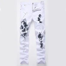 Мода окрашенные джинсовая ткань, зауженный крой белые джинсы Для мужчин хип-хоп Эластичный Повседневное ковбойские штаны Для мужчин s печать джинсы в стиле стрит брюки