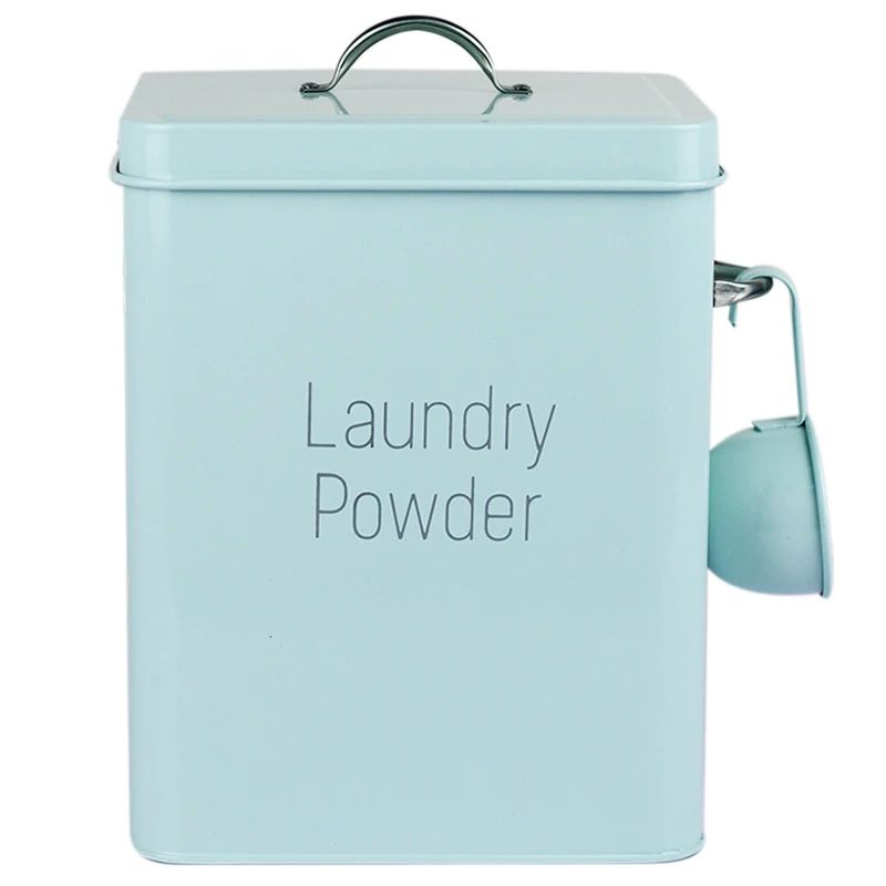 

Beautiful Powder Coating Metal Zinc Laundry Powder Boxes Storage With Scoop Blue