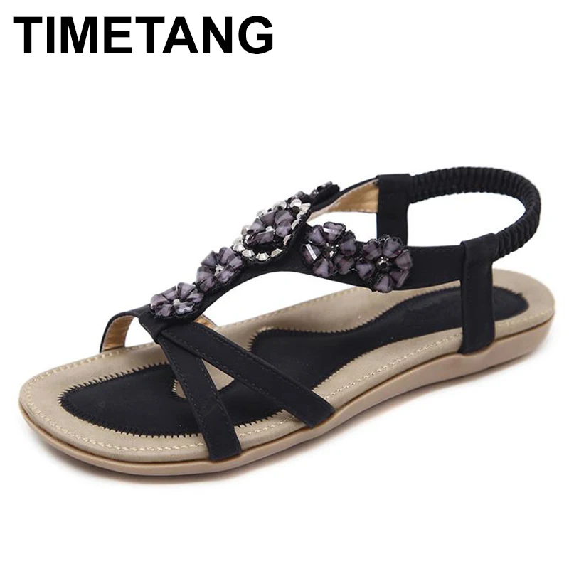 En Ligne TIMETANGComfortable Plat Talon Sandales Femmes Grande Taille Chaussures Femme Bohême Fleurs Strass Plage Dames Chaussures D été
