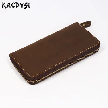 

Genuine Leather Men Wallet Male Retro Crazy Horse Cowhide Long Zipper Wallets Card Holder Casual Clutch Purse Phone Money Pocket